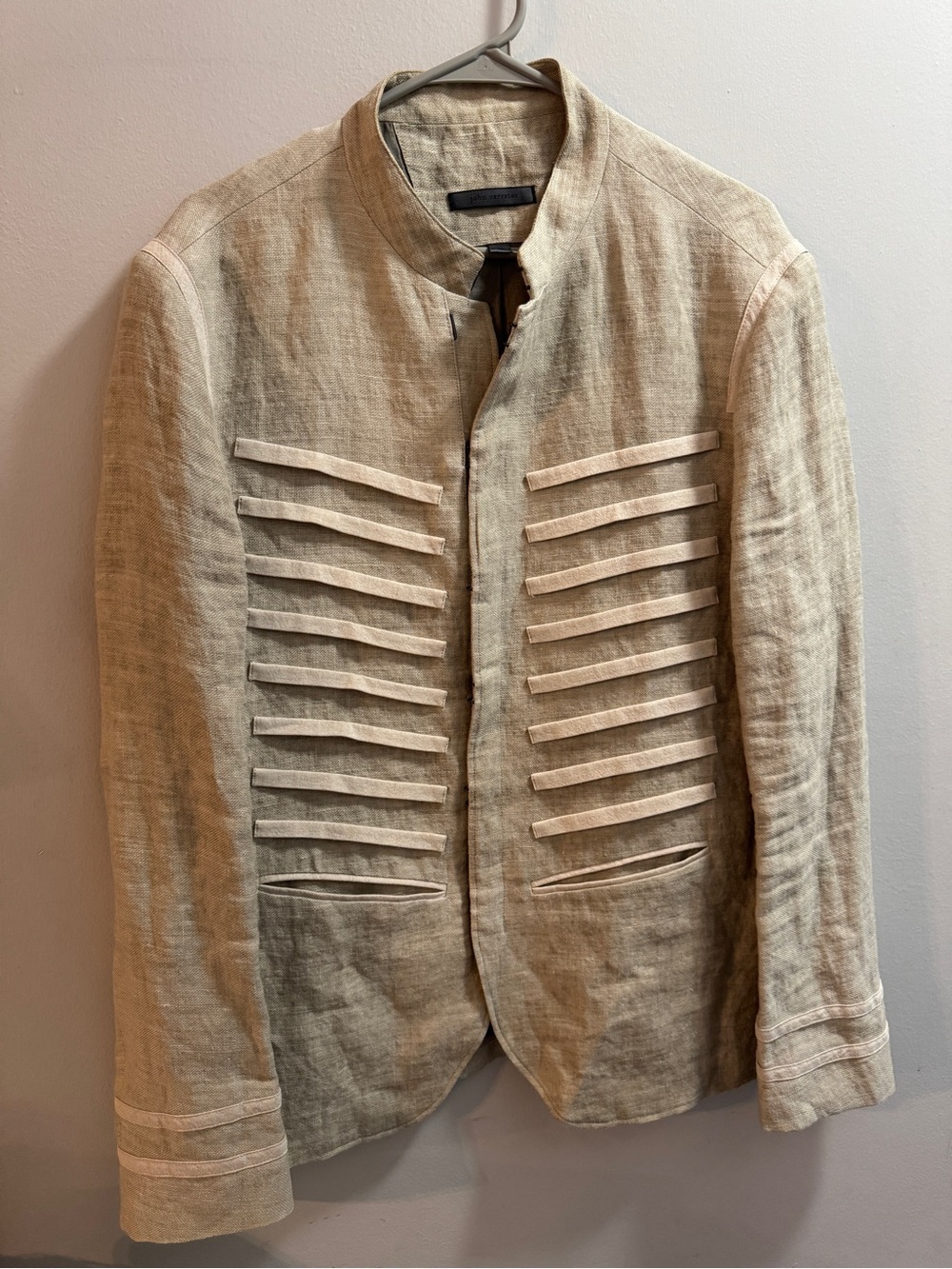 John Varvatos Cream Linen Band Collar Jacket